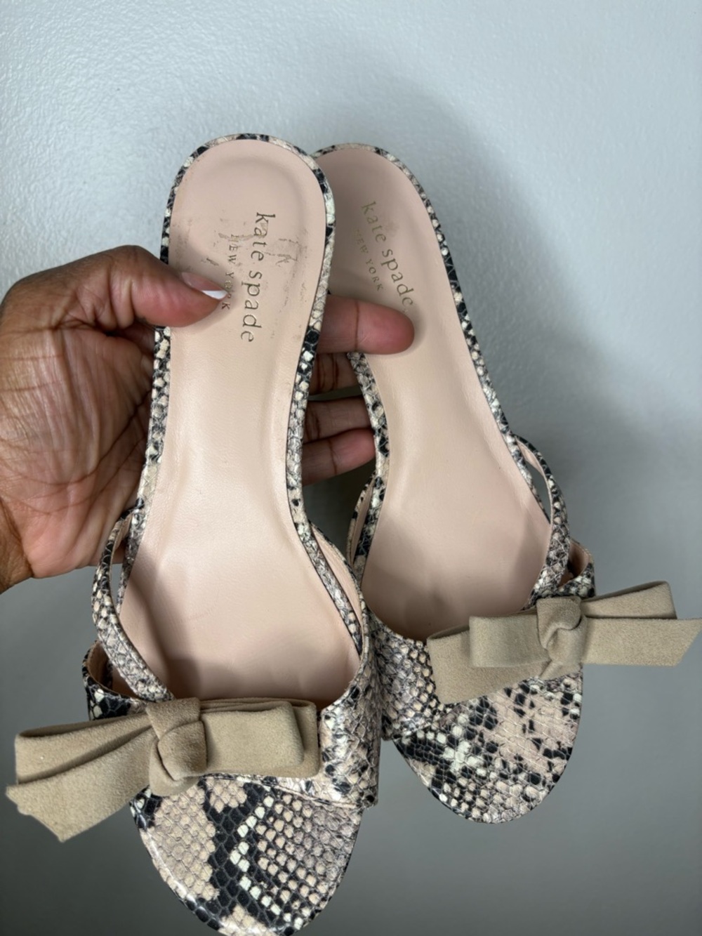 kate spade Beige Snake-Print Slide Sandals with Bow Accent